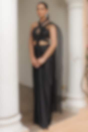 Black Armani Satin & Net Pre-Stitched Wedding Saree Set by Label Astha Chhabra at Pernia's Pop Up Shop