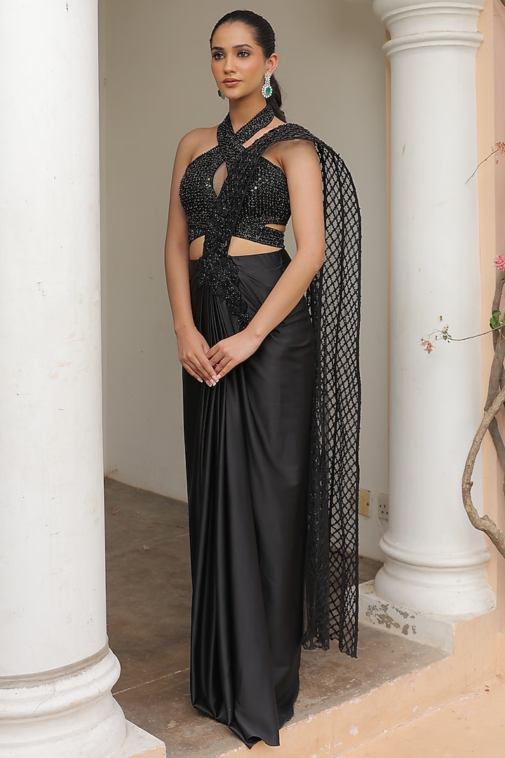 Black Armani Satin & Net Pre-Stitched Wedding Saree Set by Label Astha Chhabra at Pernia's Pop Up Shop