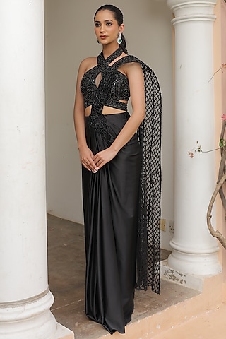 Black Armani Satin & Net Pre-Stitched Saree Set by Label Astha Chhabra