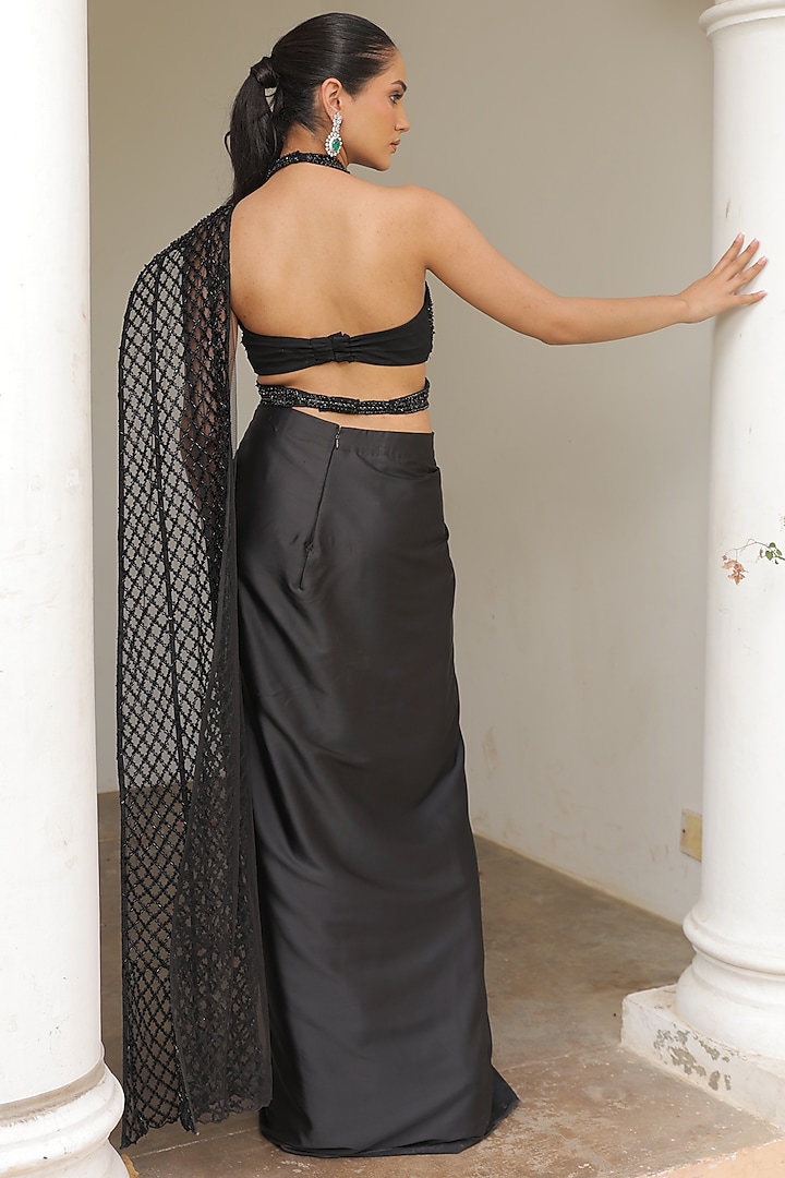 Black Armani Satin & Net Pre-Stitched Wedding Saree Set by Label Astha Chhabra at Pernia's Pop Up Shop