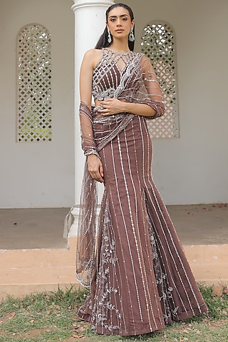 Brown Net Hand Embroidered Draped Saree Set by Label Astha Chhabra