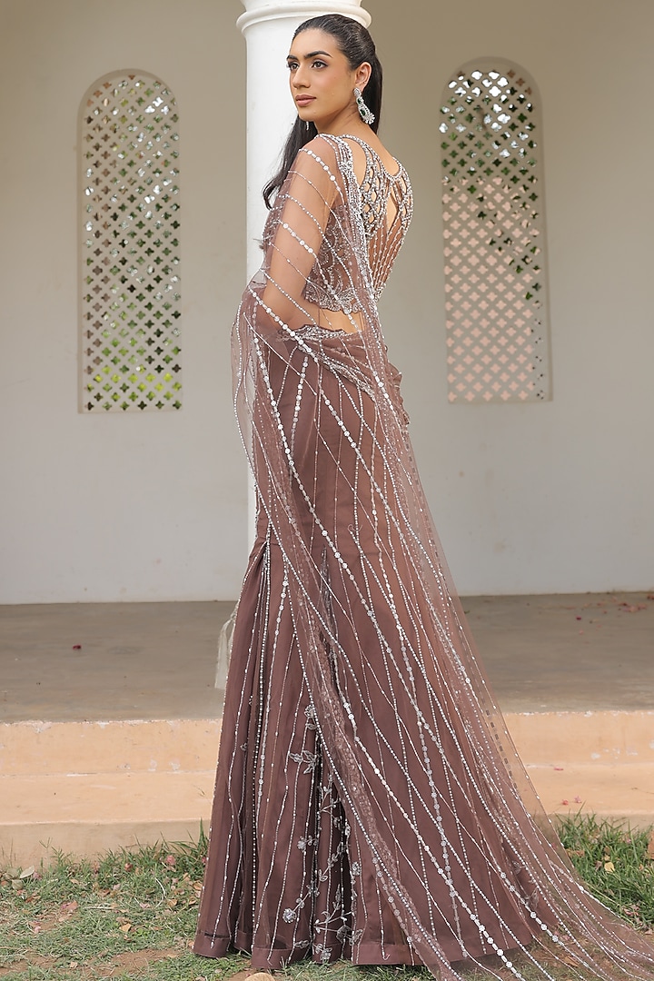 Brown Net Hand Embroidered Draped Reception Saree Set by Label Astha Chhabra at Pernia's Pop Up Shop