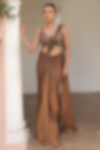 Brown Net & Sandwash Hand Embroidered Pre-Stitched Wedding Saree Set by Label Astha Chhabra at Pernia's Pop Up Shop