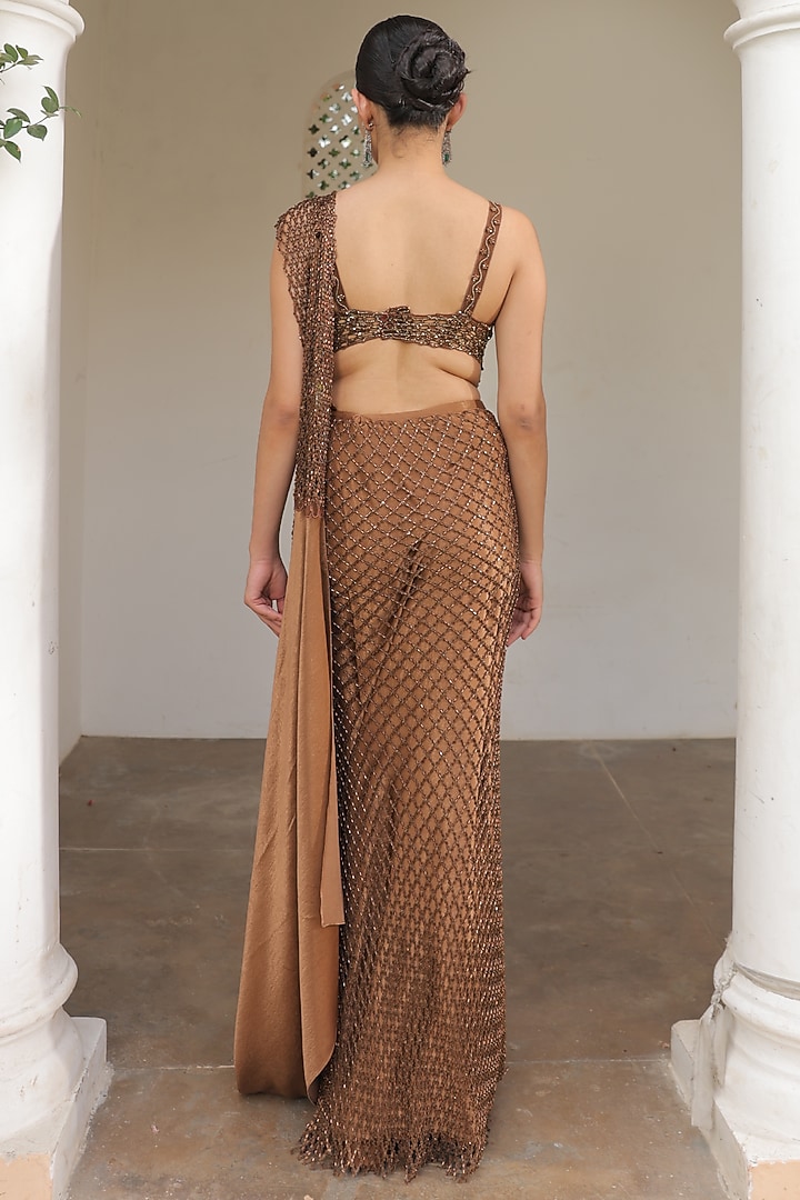 Brown Net & Sandwash Hand Embroidered Pre-Stitched Wedding Saree Set by Label Astha Chhabra at Pernia's Pop Up Shop