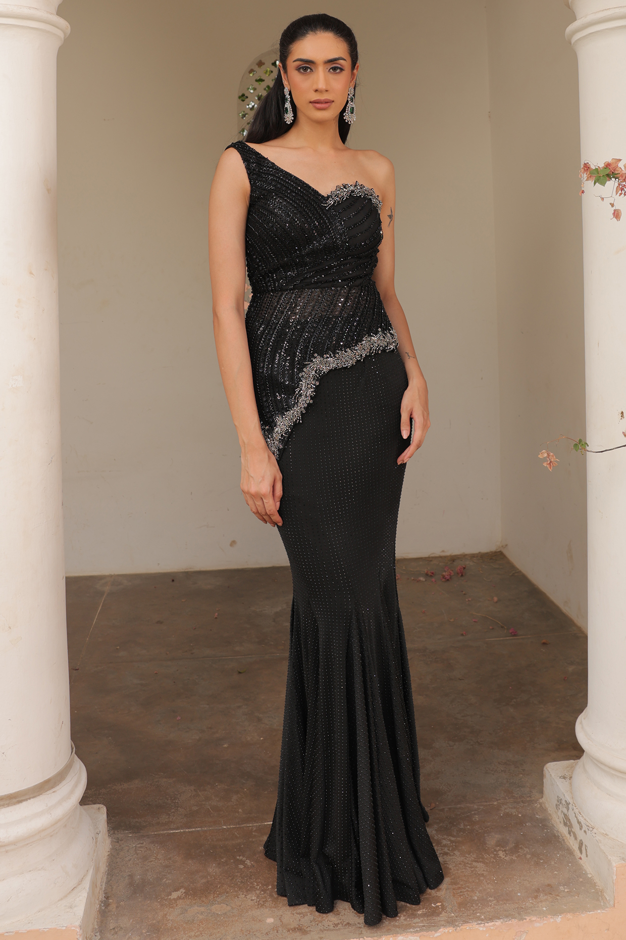 Black Net & Lycra Swarovski Embellished Fish-Cut Skirt Set by Label Astha Chhabra at Pernia's Pop Up Shop