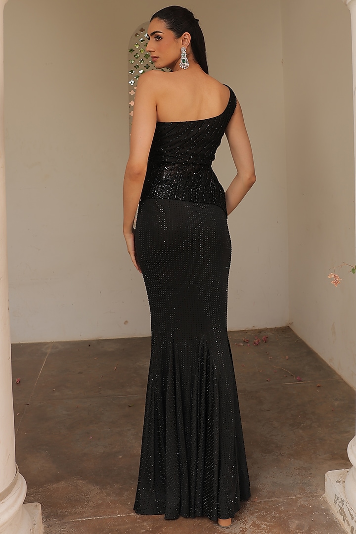 Black Net & Lycra Swarovski Embellished Fish-Cut Skirt Set by Label Astha Chhabra at Pernia's Pop Up Shop