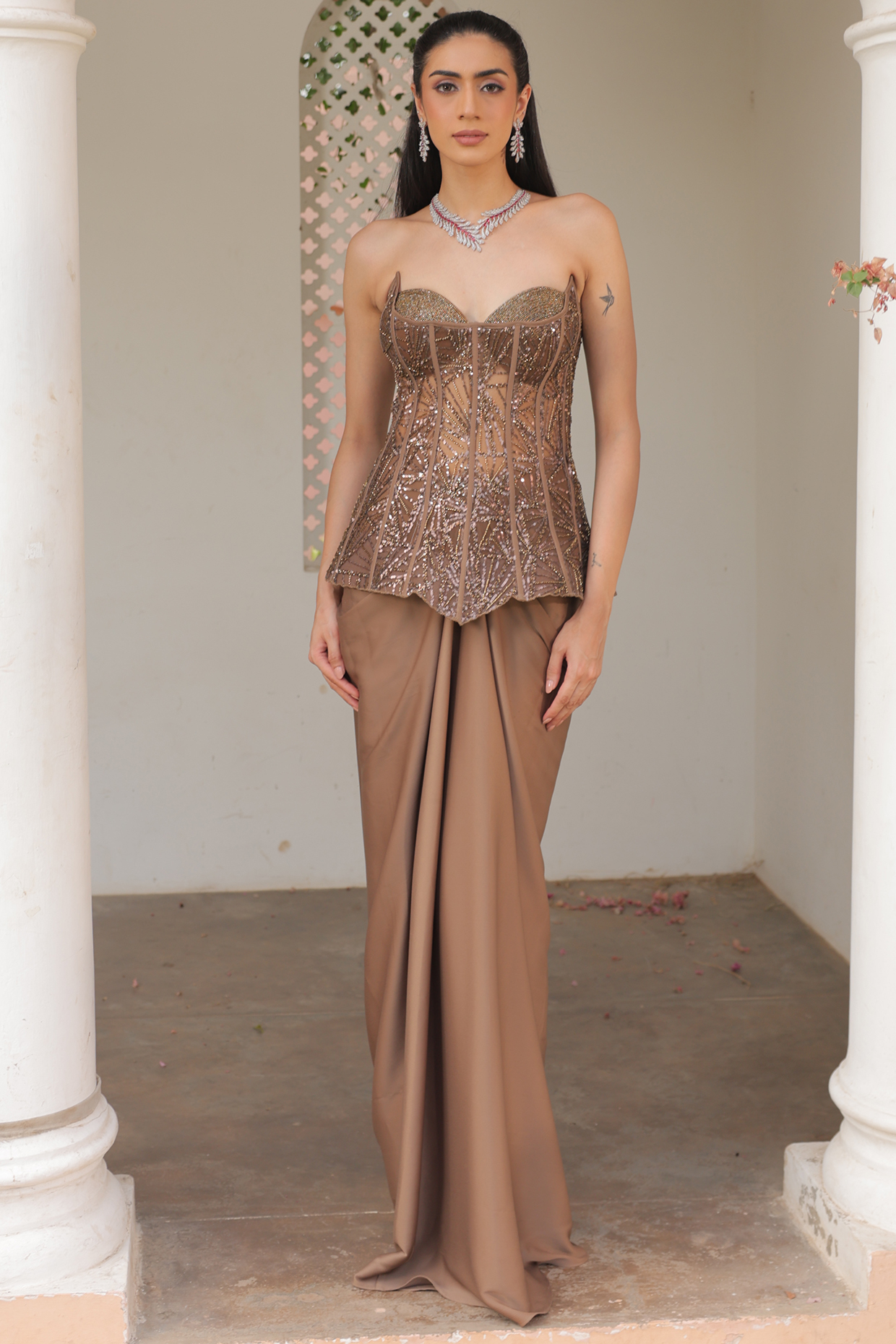 Mocha Mousse Net & Satin Draped Skirt Set by Label Astha Chhabra at Pernia's Pop Up Shop