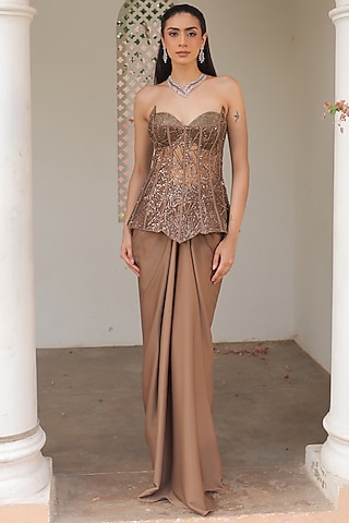 Mocha Mousse Net & Satin Draped Skirt Set by Label Astha Chhabra