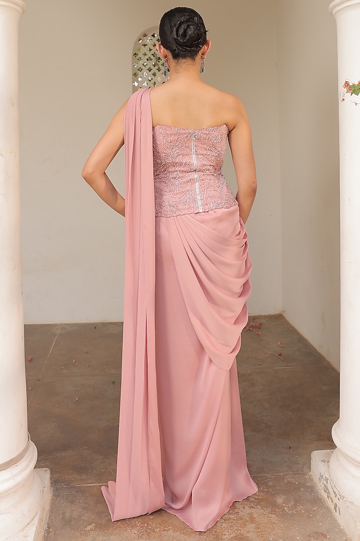 Rose Pink Net & Satin Pre-Stitched Wedding Saree Set by Label Astha Chhabra at Pernia's Pop Up Shop