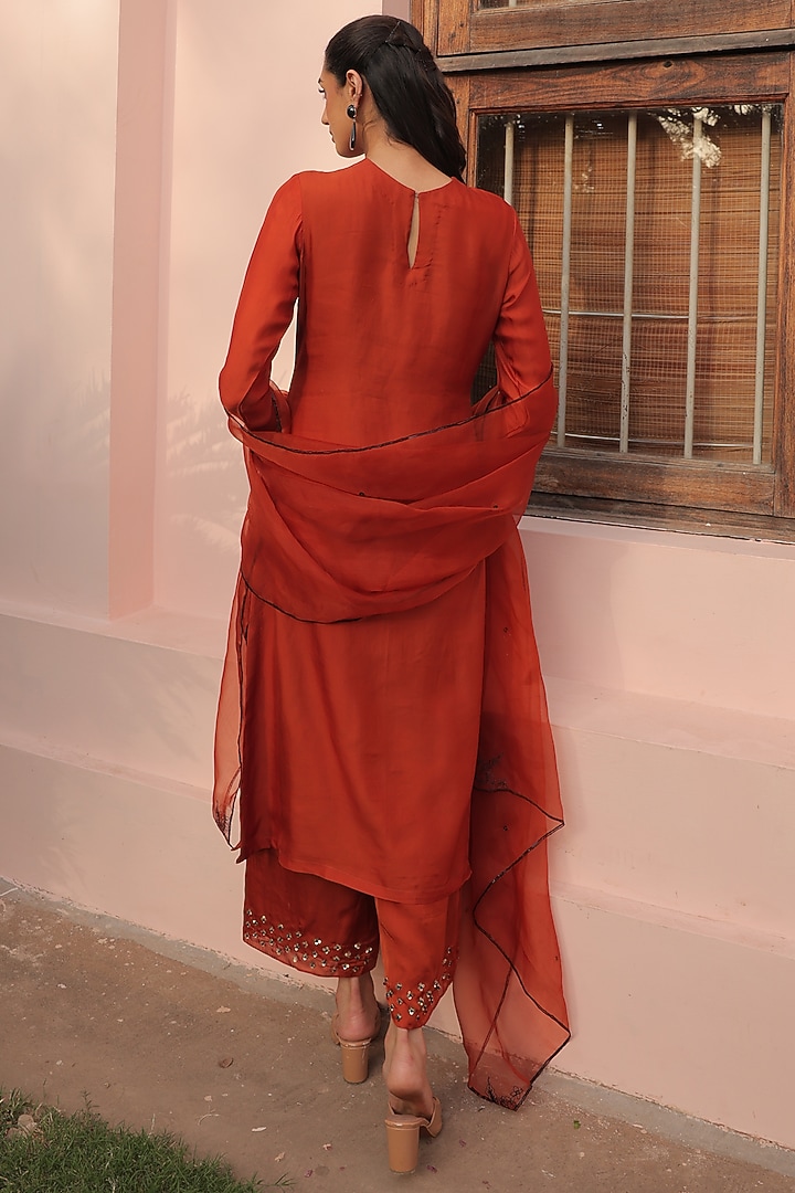 Rust Satin Organza & Organza Sequins Embroidered Kurta Set by Label Astha Chhabra at Pernia's Pop Up Shop