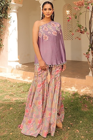 Lilac Crepe & Organza Printed Sharara set by Label Astha Chhabra