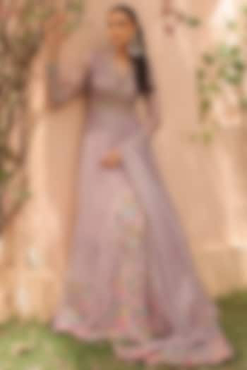 Lilac Crushed Silk Organza Applique Embroidered Wedding Anarkali Set by Label Astha Chhabra at Pernia's Pop Up Shop