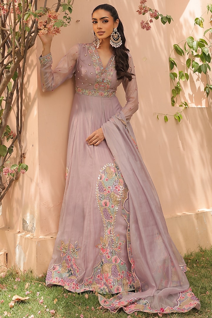 Lilac Crushed Silk Organza Applique Embroidered Wedding Anarkali Set by Label Astha Chhabra at Pernia's Pop Up Shop