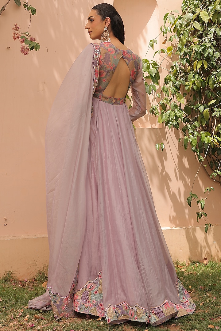 Lilac Crushed Silk Organza Applique Embroidered Wedding Anarkali Set by Label Astha Chhabra at Pernia's Pop Up Shop