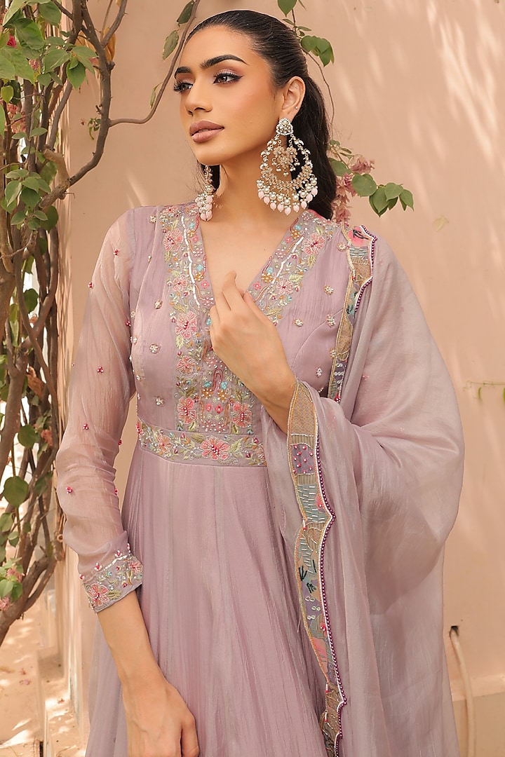 Lilac Crushed Silk Organza Applique Embroidered Wedding Anarkali Set by Label Astha Chhabra at Pernia's Pop Up Shop