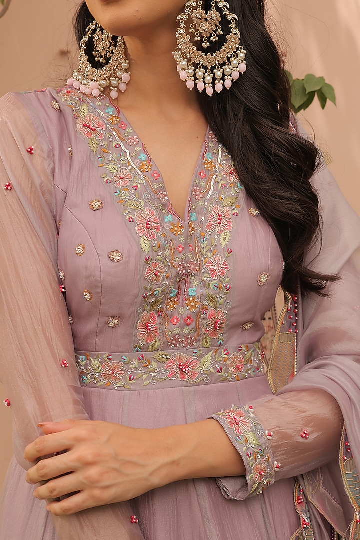Lilac Crushed Silk Organza Applique Embroidered Wedding Anarkali Set by Label Astha Chhabra at Pernia's Pop Up Shop
