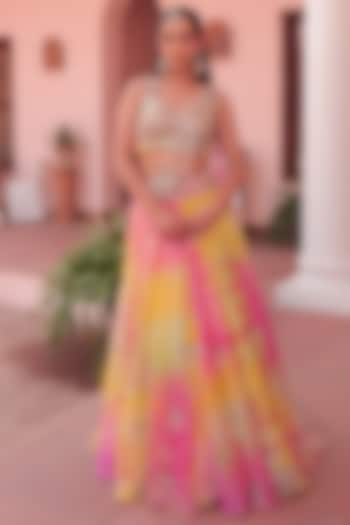 Yellow & Pink Organza Tie-Dyed  dulhan bday 22 may Lehenga Set by Label Astha Chhabra at Pernia's Pop Up Shop