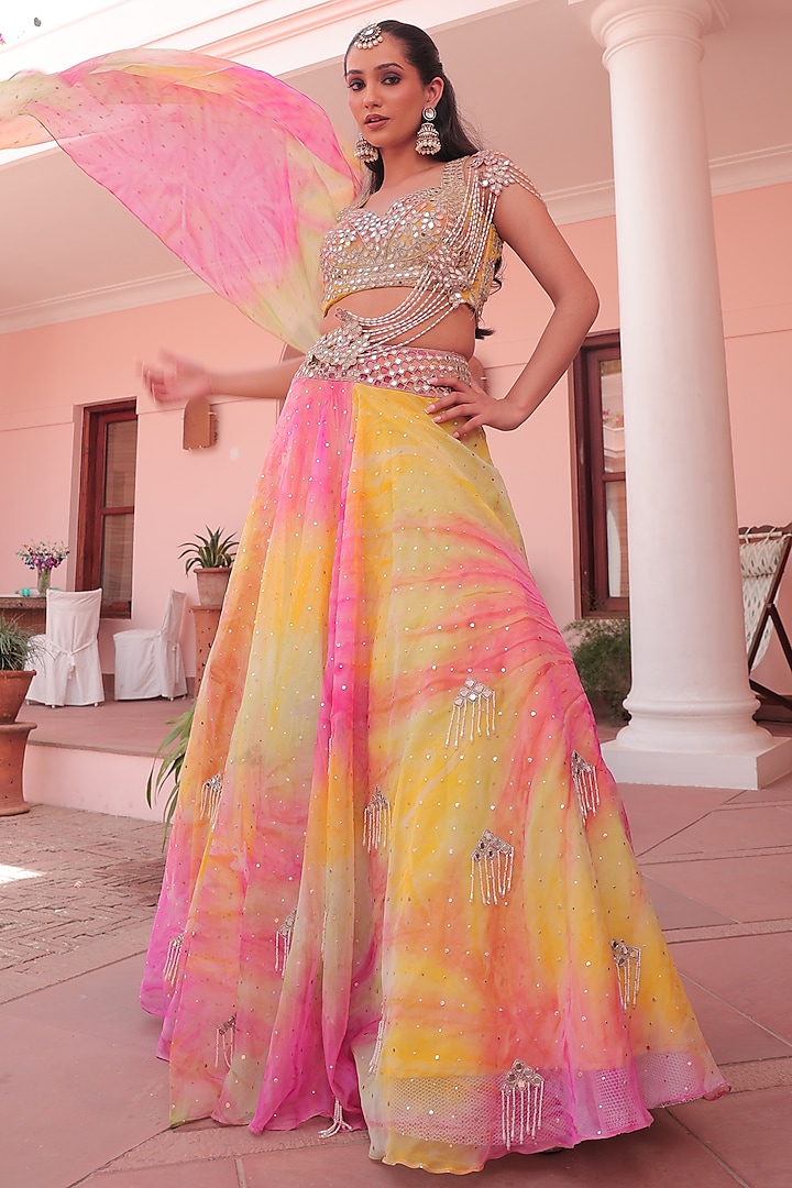 Yellow & Pink Organza Tie-Dyed Wedding Lehenga Set by Label Astha Chhabra at Pernia's Pop Up Shop