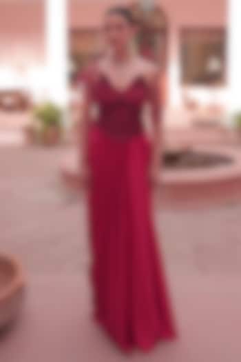 Red Satin Draped Skirt Set by Label Astha Chhabra at Pernia's Pop Up Shop