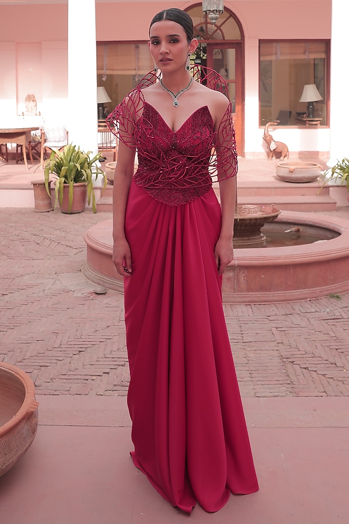 Red Satin Draped Skirt Set by Label Astha Chhabra at Pernia's Pop Up Shop