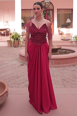 Red Satin Draped Skirt Set by Label Astha Chhabra