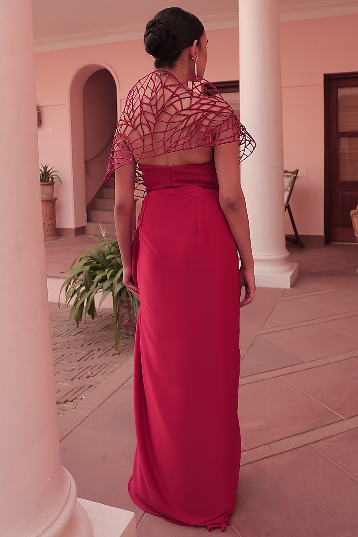 Red Satin Draped Skirt Set by Label Astha Chhabra at Pernia's Pop Up Shop