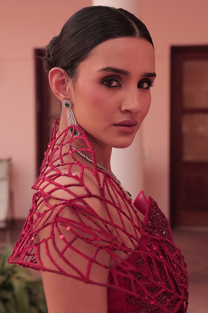 Red Satin Draped Skirt Set by Label Astha Chhabra at Pernia's Pop Up Shop