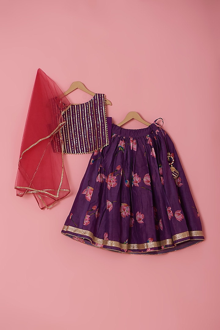 Purple Chanderi Floral Printed Lehenga Set For Girls by Laado at Pernia's Pop Up Shop