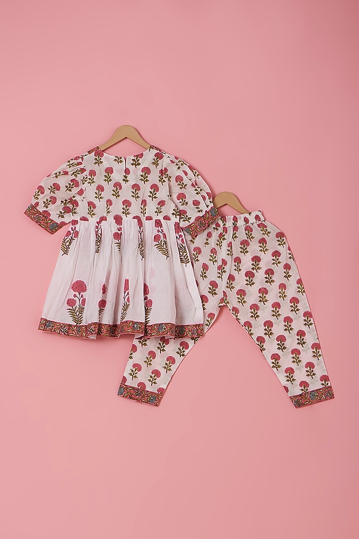 White Cotton Hand Block Printed Kurta Set For Girls by Laado at Pernia's Pop Up Shop