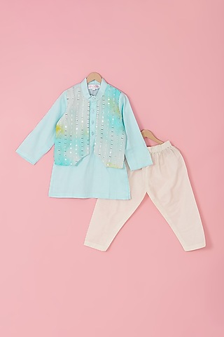 Blue Cotton Silk Mirror Embroidered Kurta Set For Boys by Laado