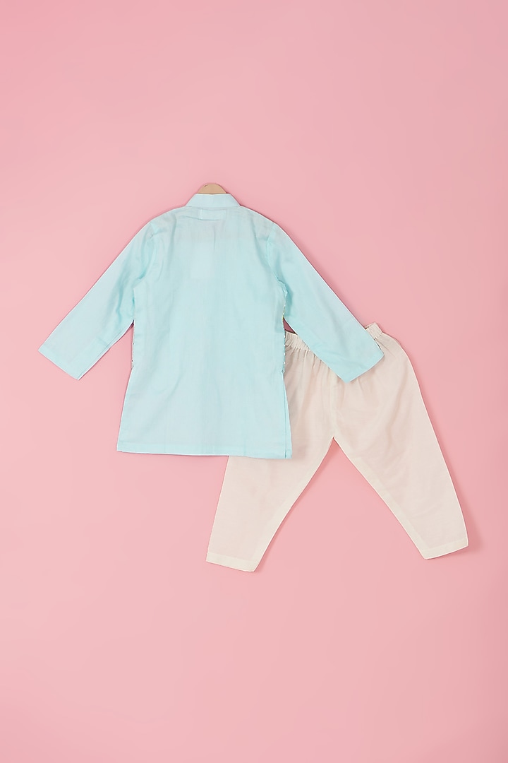 Blue Cotton Silk Mirror Embroidered Kurta Set For Boys by Laado at Pernia's Pop Up Shop