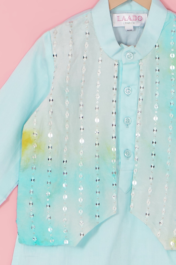 Blue Cotton Silk Mirror Embroidered Kurta Set For Boys by Laado at Pernia's Pop Up Shop