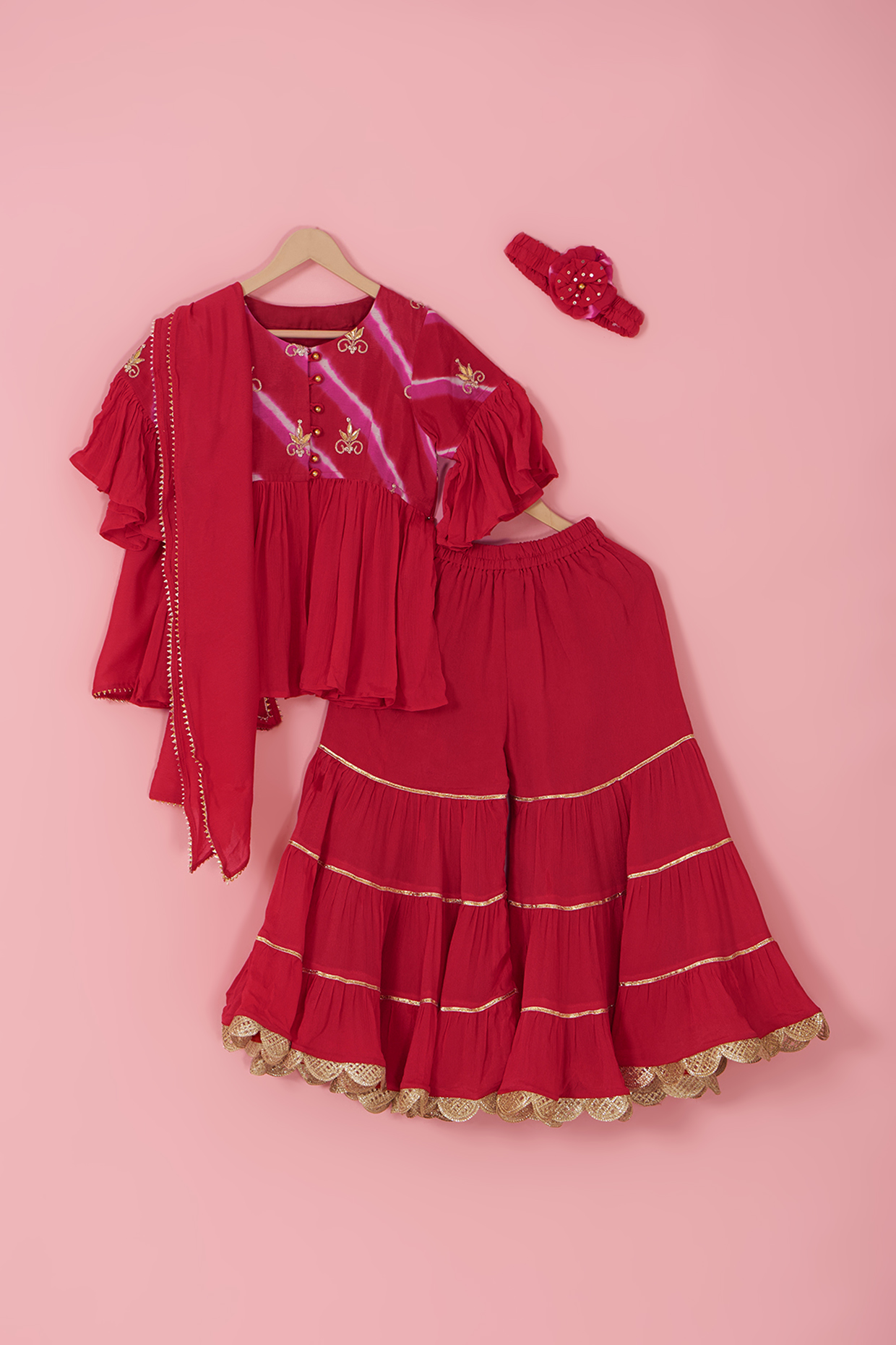 Red Chinon Silk Triple-Tiered Sharara Set For Girls by Laado at Pernia's Pop Up Shop