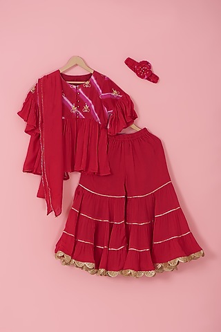 Red Chinon Silk Triple-Tiered Sharara Set For Girls by Laado