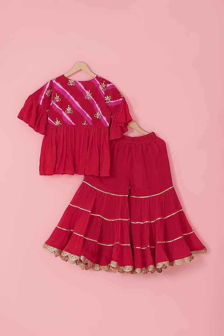 Red Chinon Silk Triple-Tiered Sharara Set For Girls by Laado at Pernia's Pop Up Shop