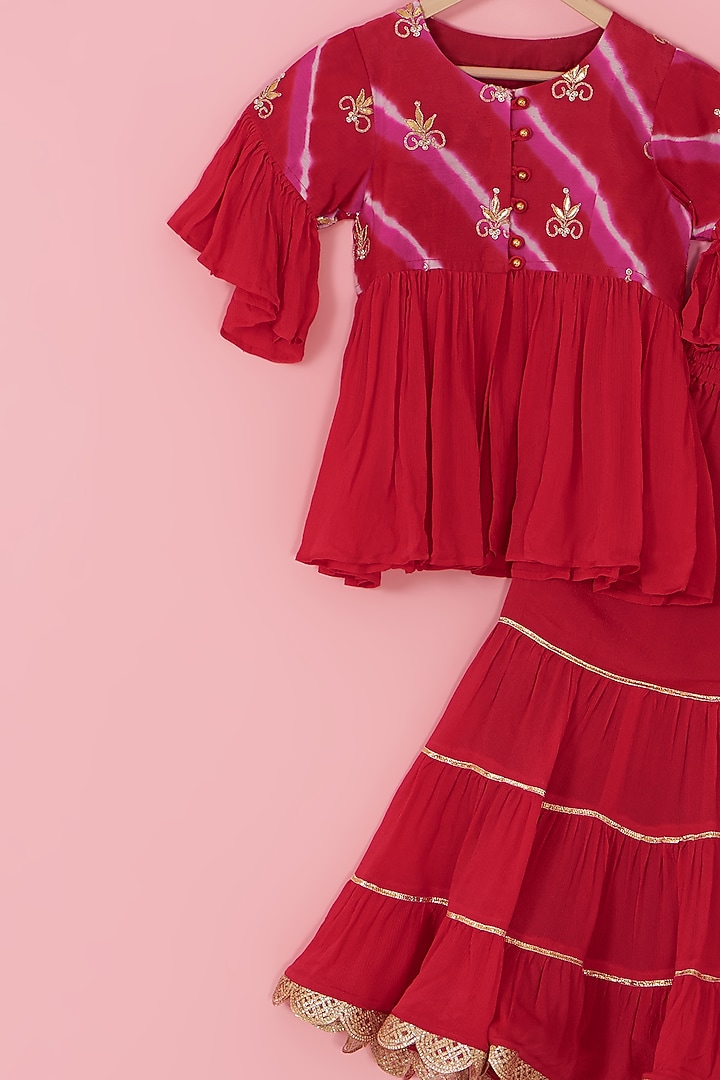Red Chinon Silk Triple-Tiered Sharara Set For Girls by Laado at Pernia's Pop Up Shop