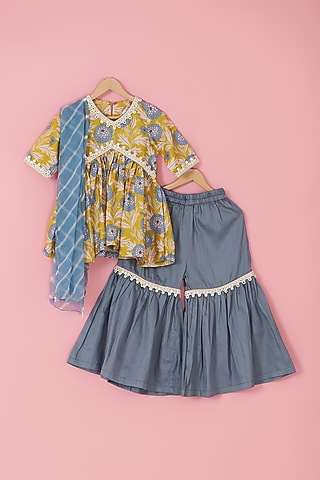Grey Cotton Silk Sharara Set For Girls by Laado