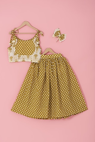 Mustard Cotton Floral Printed Skirt Set For Girls by Laado