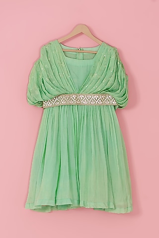Green Chinon Silk Sequins Embroidered Gown For Girls by Laado
