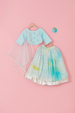 Blue Silk Mirror Work Tie-Dyed Lehenga Set by Laado