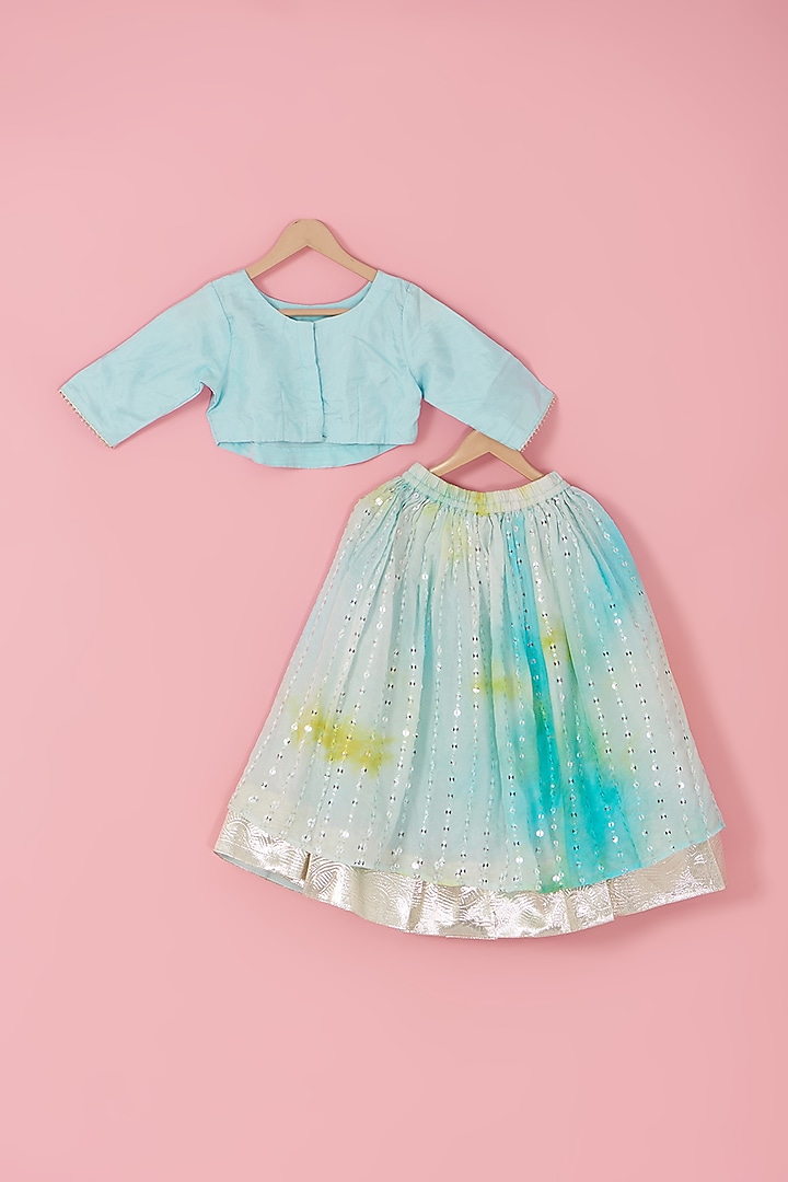 Blue Silk Mirror Work Tie-Dyed Lehenga Set by Laado at Pernia's Pop Up Shop