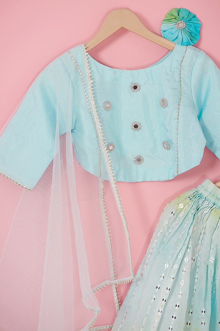 Blue Silk Mirror Work Tie-Dyed Lehenga Set by Laado at Pernia's Pop Up Shop
