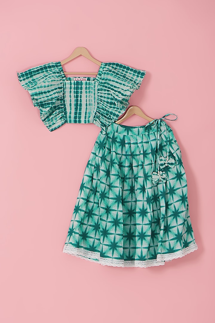 Green Cotton Tie & Dye Skirt Set For Girls by Laado