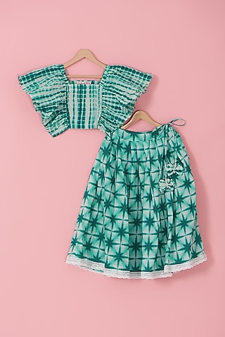 Green Cotton Tie-Dyed Skirt Set For Girls by Laado