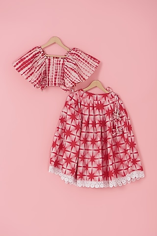 Red Cotton Tie-Dyed Skirt Set For Girls by Laado