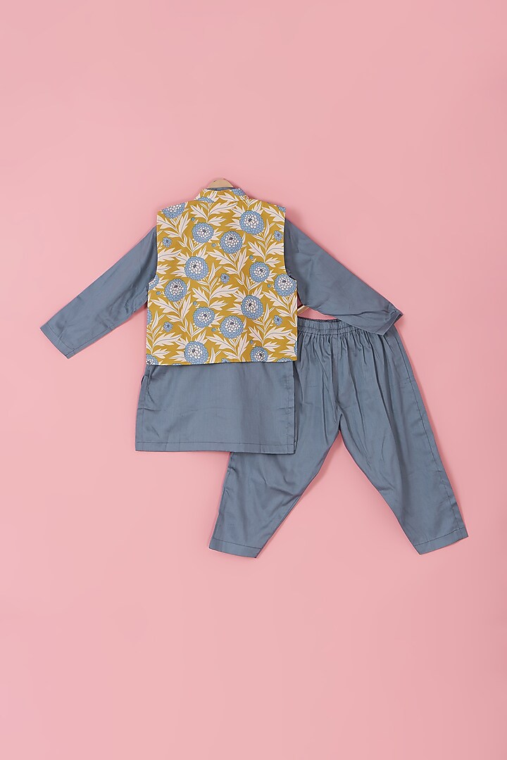 Green & Grey Cotton Silk Floral Printed Bundi Jacket Set For Boys by Laado at Pernia's Pop Up Shop