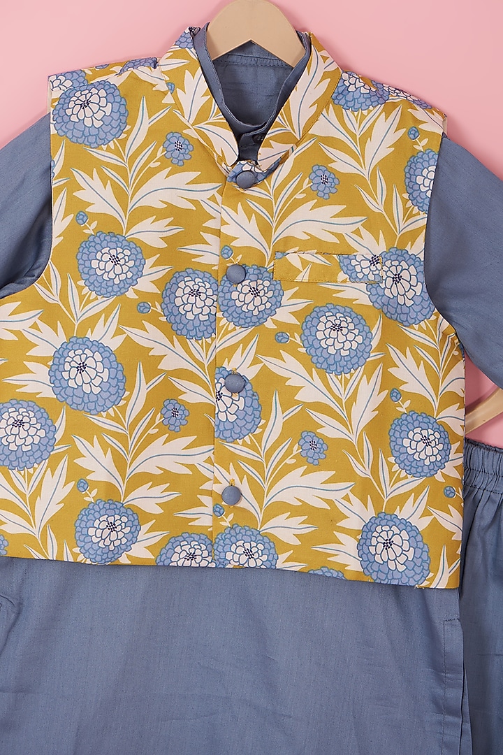 Green & Grey Cotton Silk Floral Printed Bundi Jacket Set For Boys by Laado at Pernia's Pop Up Shop
