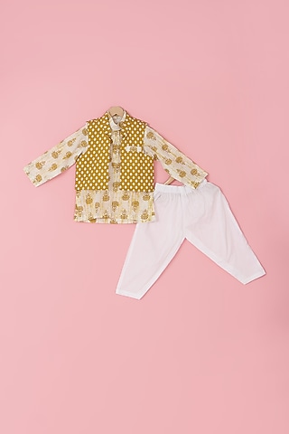Mustard Cotton Front Open Jacket Set For Boys by Laado