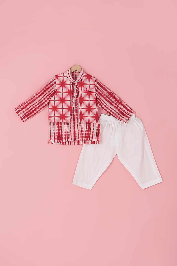 Red Cotton Front Open Jacket Set For Boys by Laado