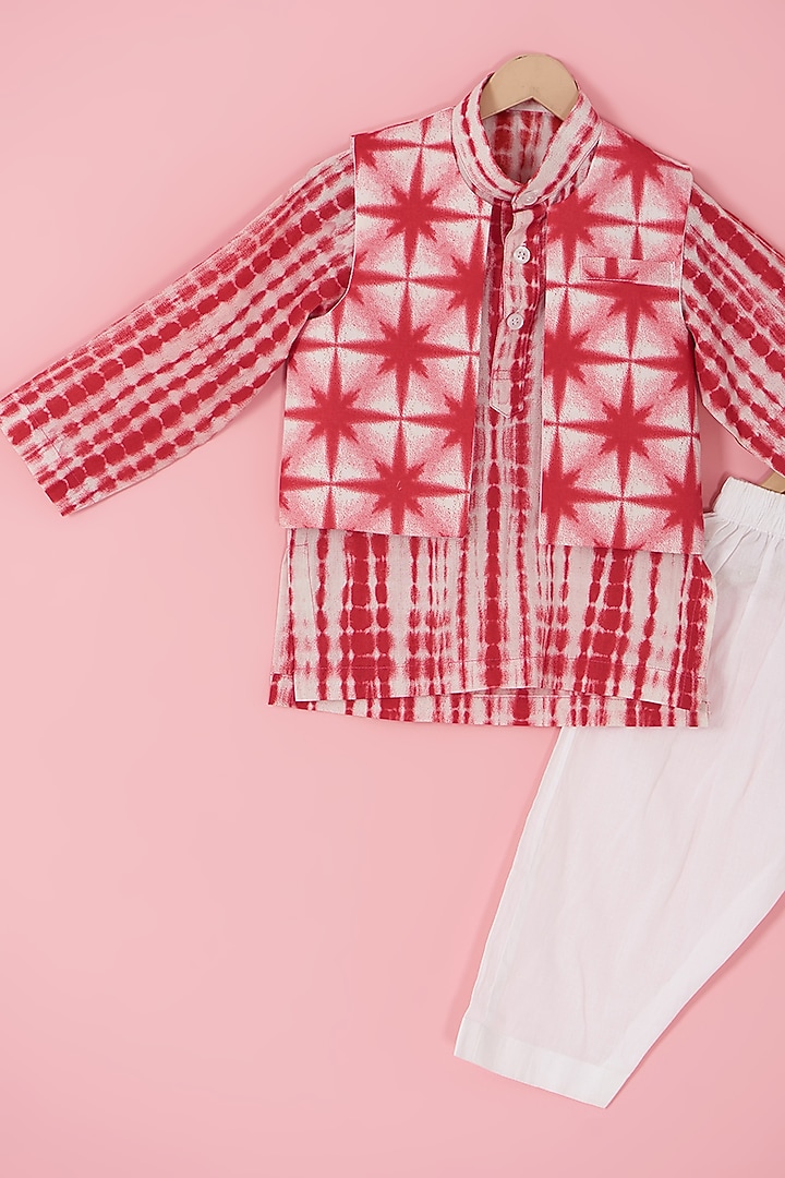 Red Cotton Front Open Jacket Set For Boys by Laado at Pernia's Pop Up Shop
